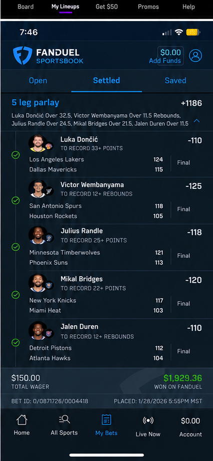 FanDuel 5-leg parlay slip