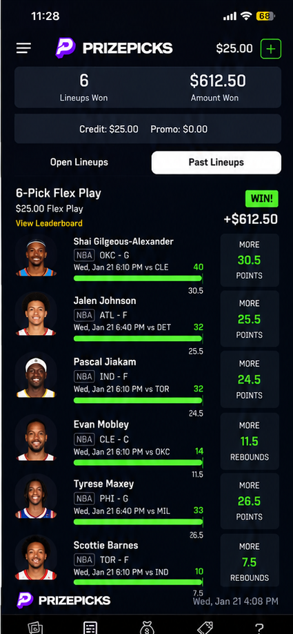 PrizePicks 6-pick betting slip